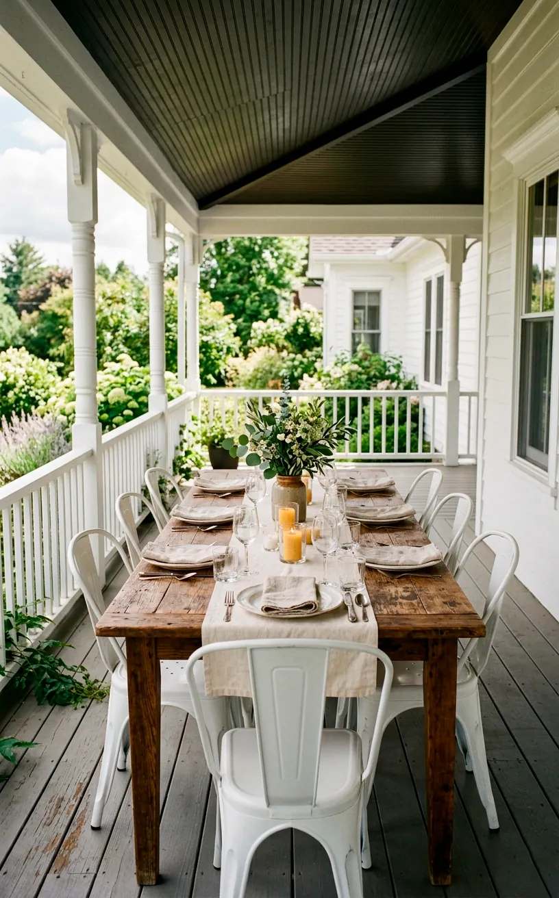 Al fresco dining area on a white wrap-around porch featuring a distressed wooden table and metal chairs.