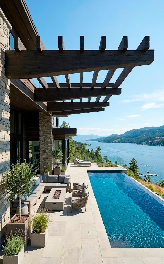 Modern dark wood cantilevered pergola extending over an infinity patio edge.