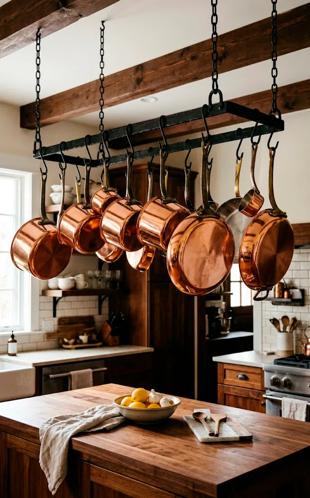 Hanging iron pot rack displaying copper pots and pans.