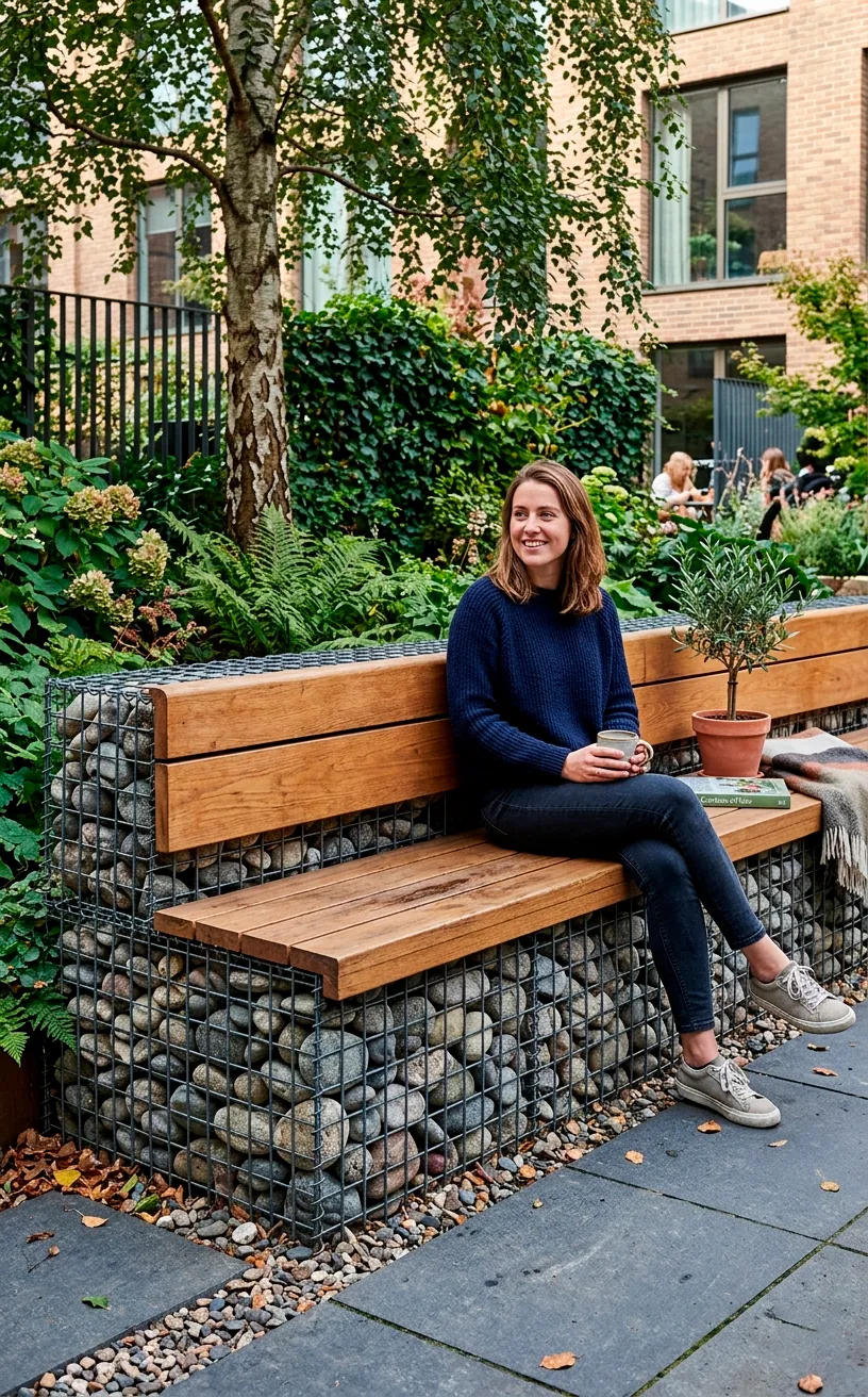 Modern gabion wall bench filled with river rocks topped with wood planks.
