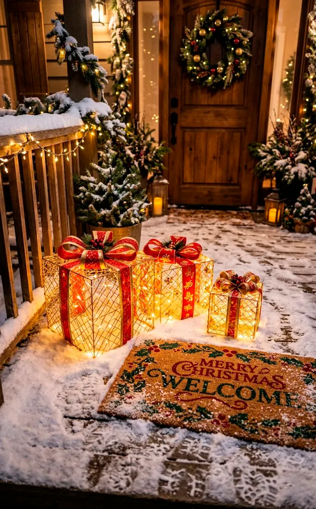 Three glowing lighted gift boxes sitting on a porch next to a welcome mat