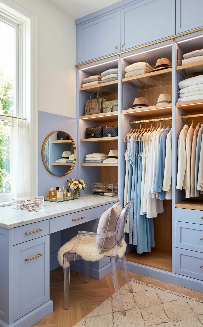 Modern pale periwinkle closet with a clear acrylic ghost chair and shelf dividers