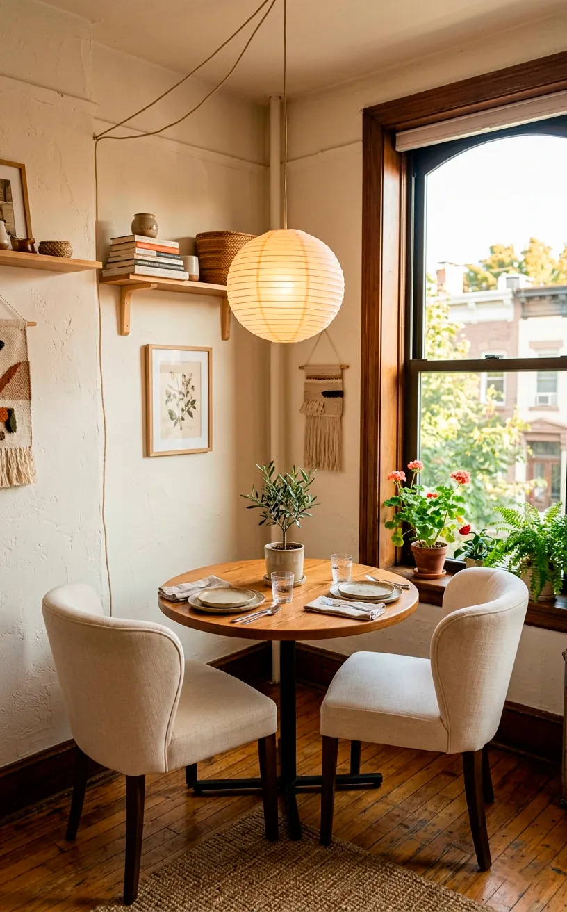 Cozy dining nook featuring a small round bistro table and cream chairs