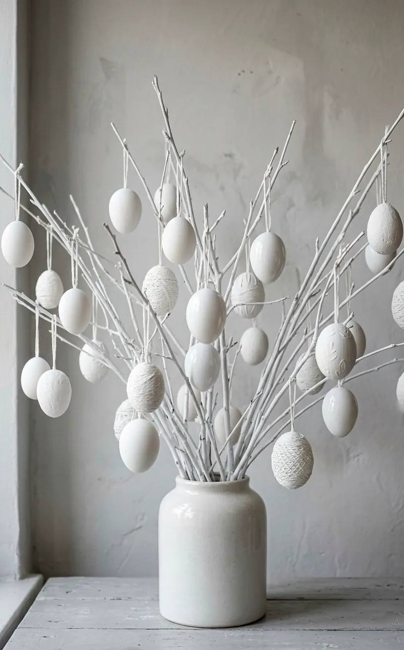 Completely white Easter tree with painted white branches and white eggs in a white vase.