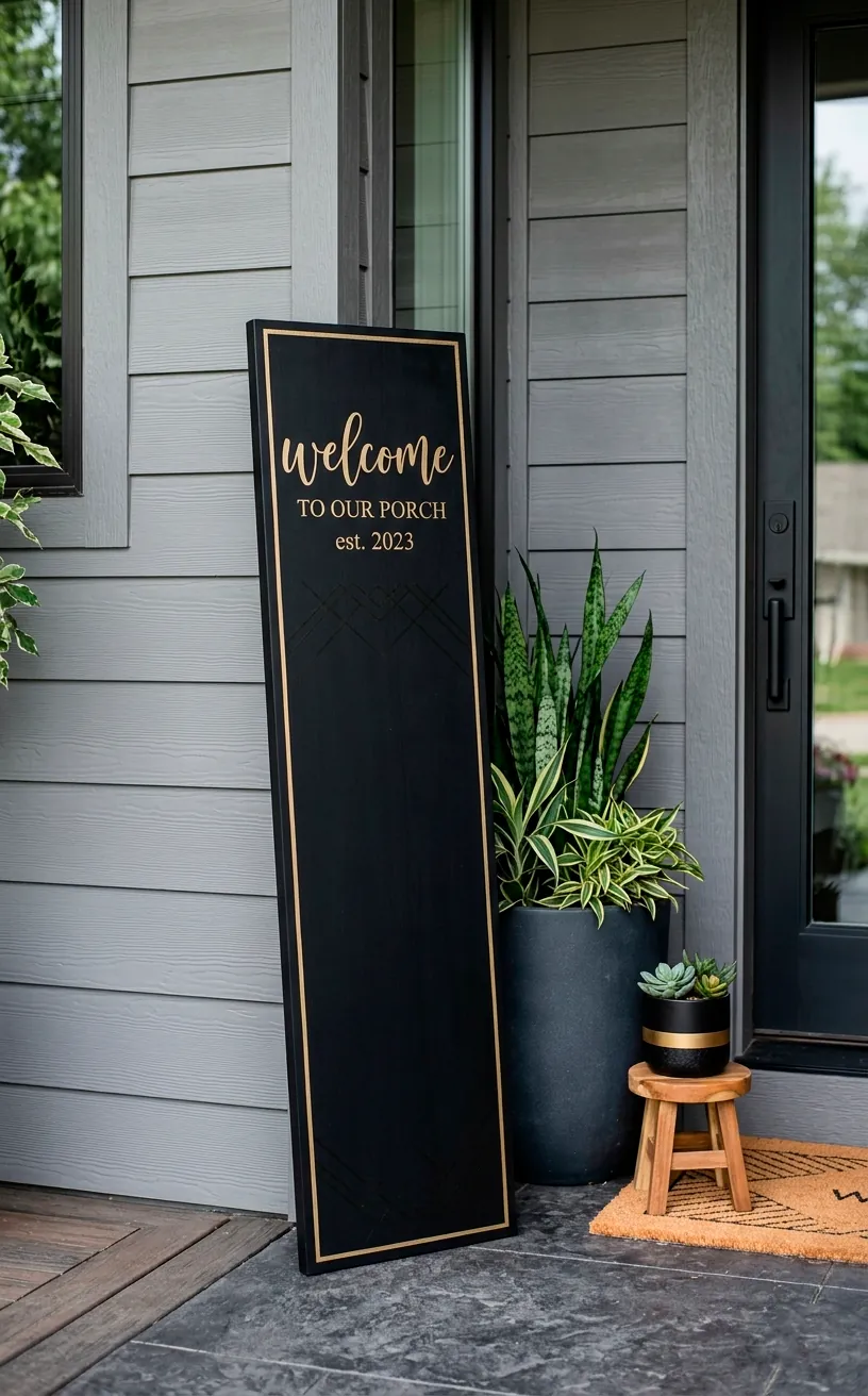 Sleek matte black vertical sign with metallic gold details leaning against modern grey house siding