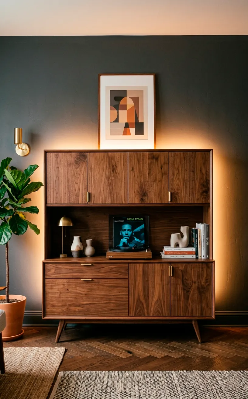 Mid century walnut entertainment center with warm LED backlighting against a dark wall.