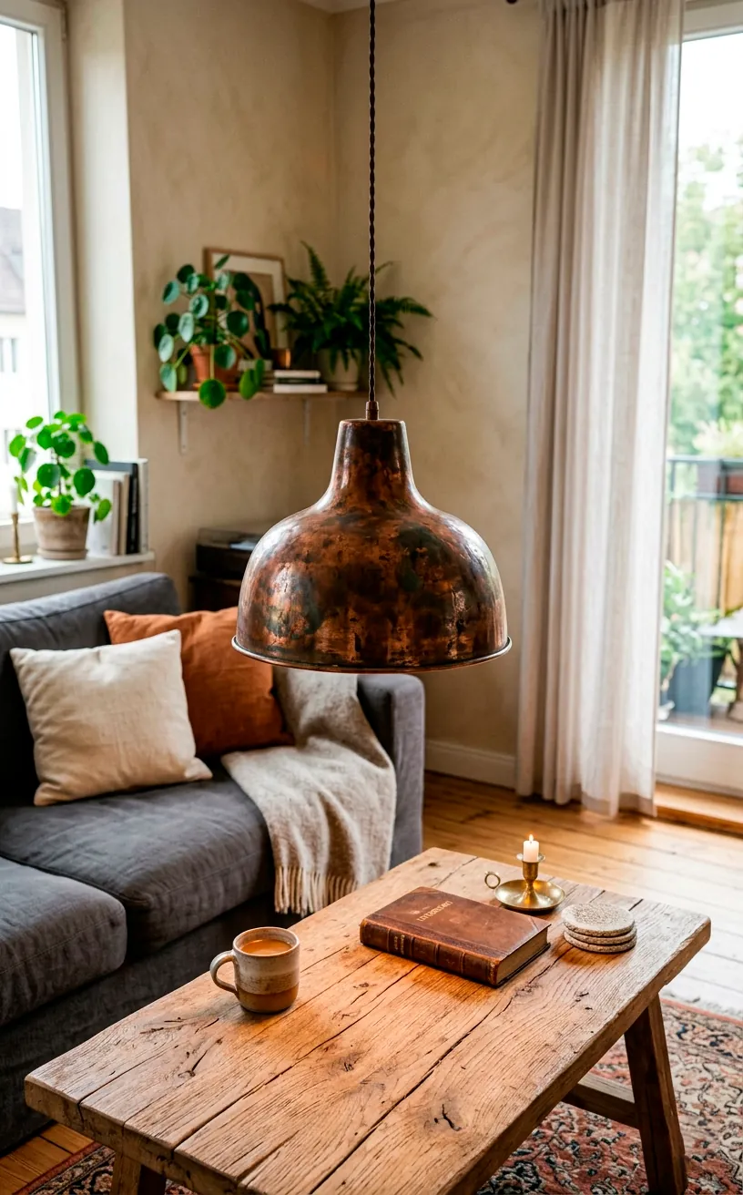 Aged burnished copper pendant light above a raw wood coffee table.