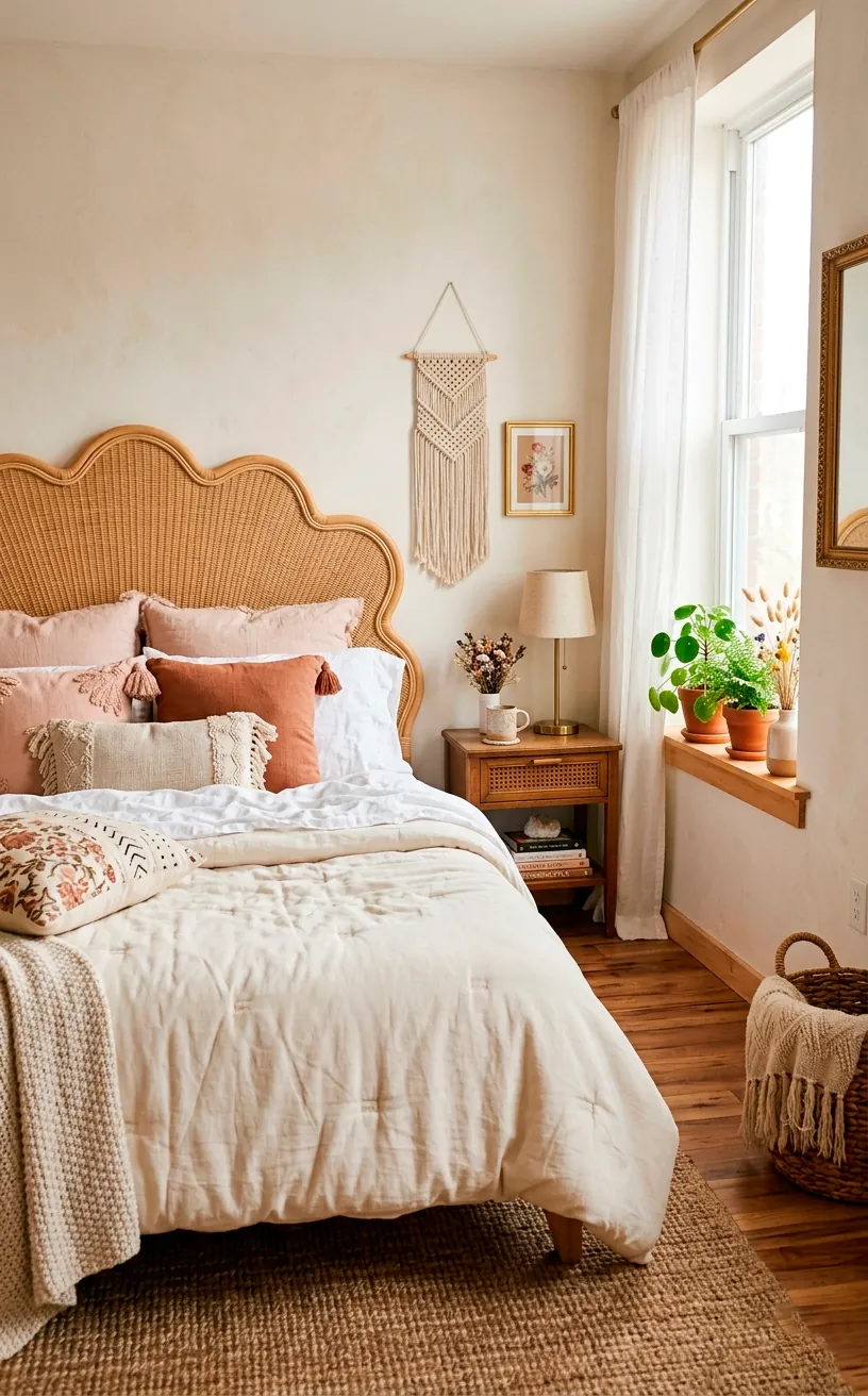 Bohemian scalloped edge rattan headboard with gentle undulating waves and a plush tufted duvet