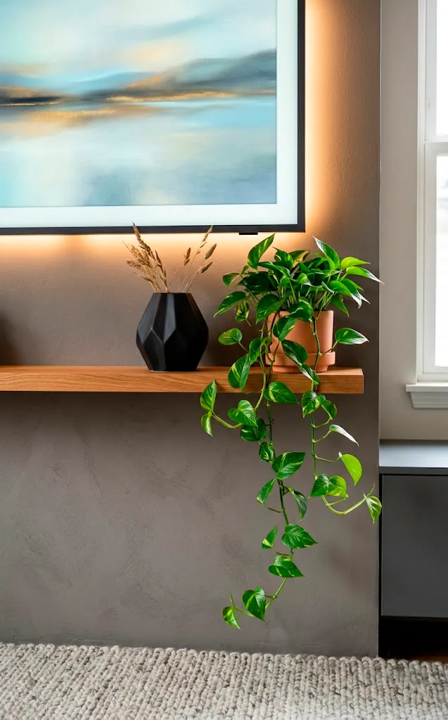 Minimalist decor items on a floating shelf under a TV.