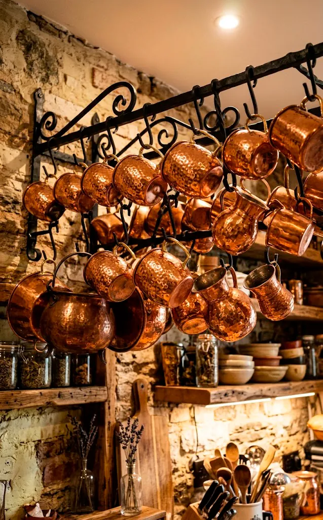 Hammered copper mugs hanging from an iron rack in a kitchen