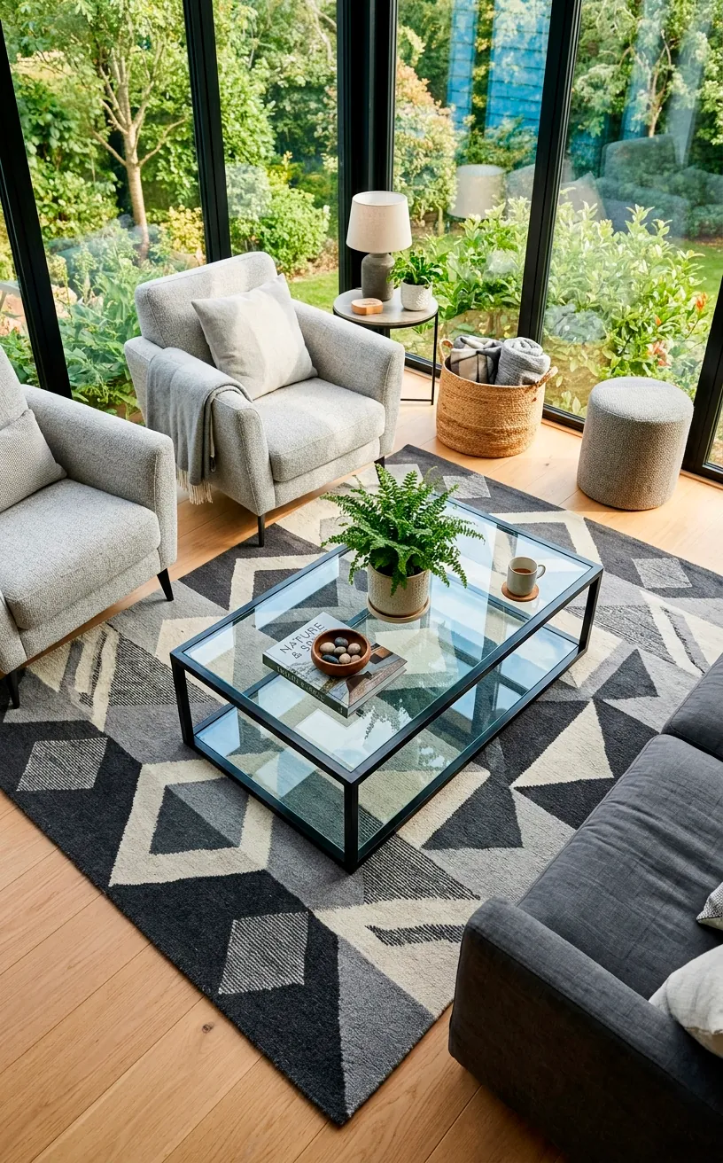 Geometric gray area rug under a glass coffee table in a modern sunroom.