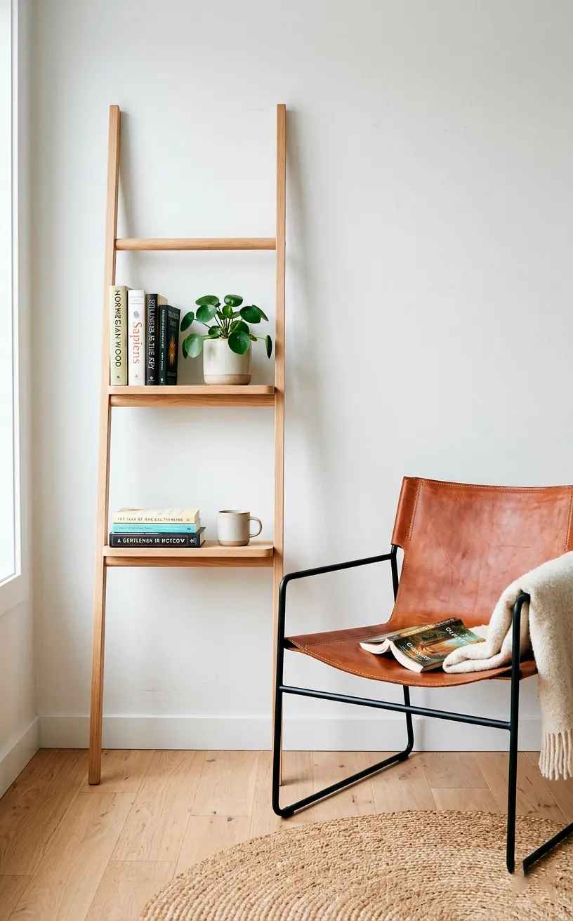 Wooden leaning ladder shelf positioned next to a modern leather sling chair in a clean minimalist space.