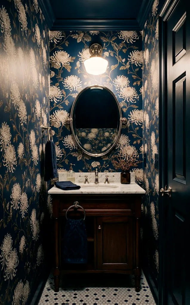 Deep navy chrysanthemum floral wallpaper with polished nickel hardware