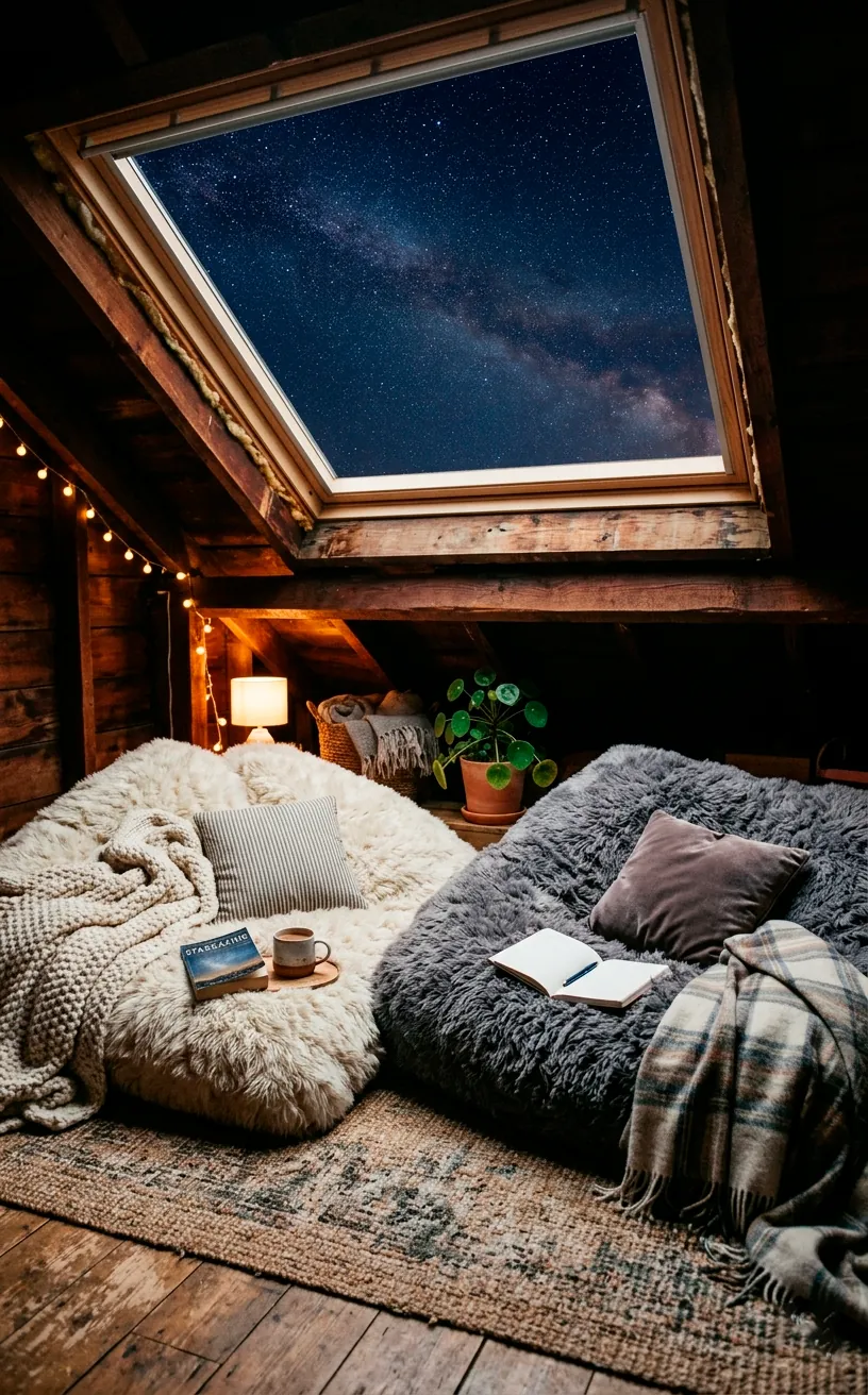 Fluffy faux fur floor cushions directly under a large attic skylight