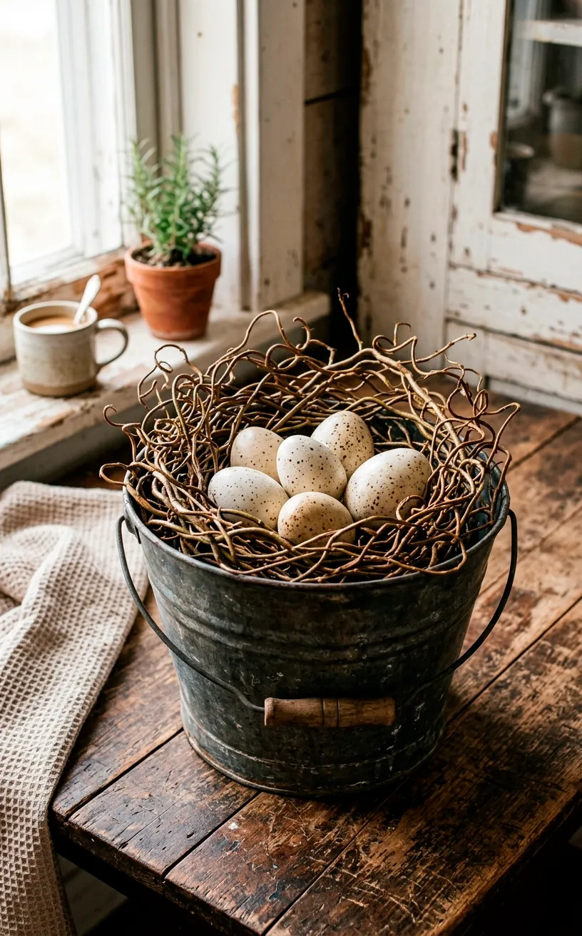 Galvanized bucket centerpiece with a curly willow nest and oversized eggs.