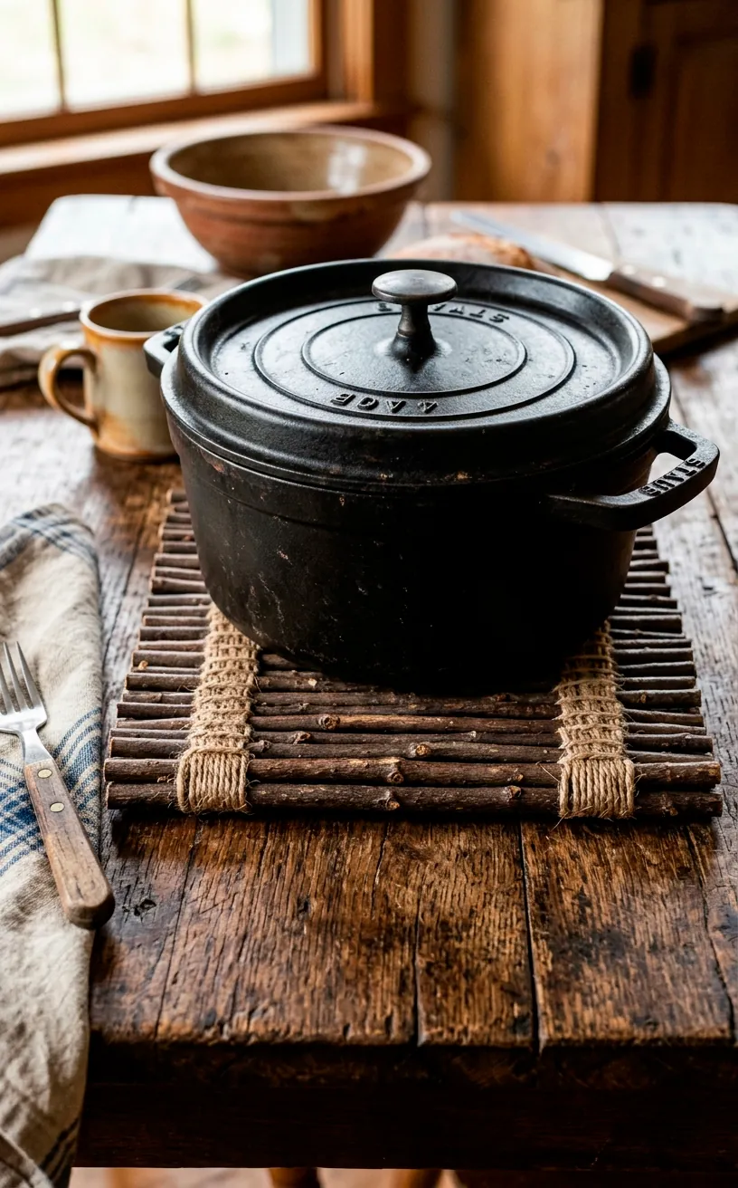 Rectangular trivet crafted from thick twigs holding a cast iron pot on a table.