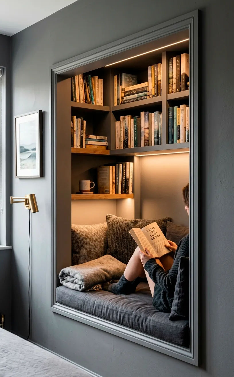 Built-in reading alcove painted matte grey with hidden LED lighting