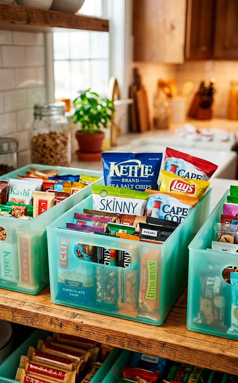 Semi-transparent mint green acrylic storage bins perfectly organizing various snack bars and small chip bags on a shelf.