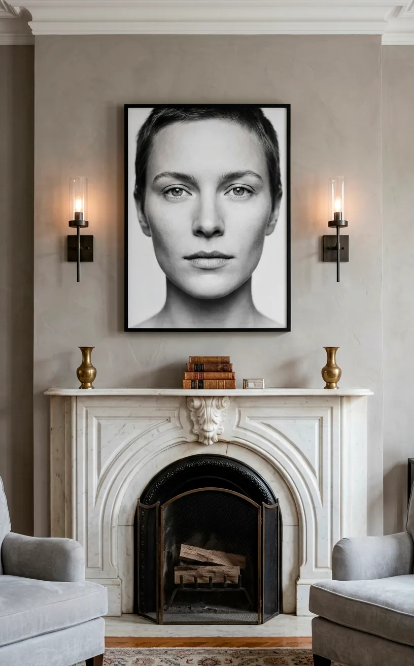 Symmetrical black and white portrait hanging above a marble fireplace.