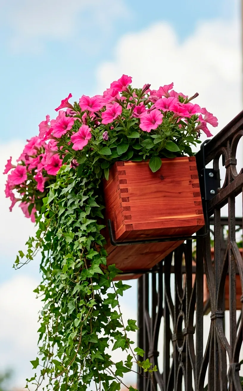 A cedar window box planter filled with pink petunias hanging from a balcony rail.