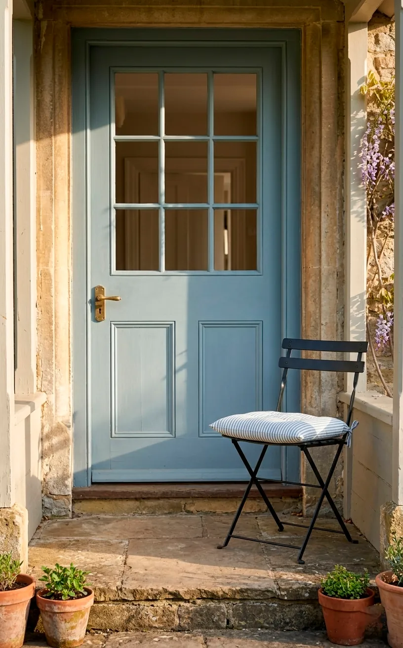 Front door painted muted French blue with a ticking-stripe bistro chair cushion on the patio.