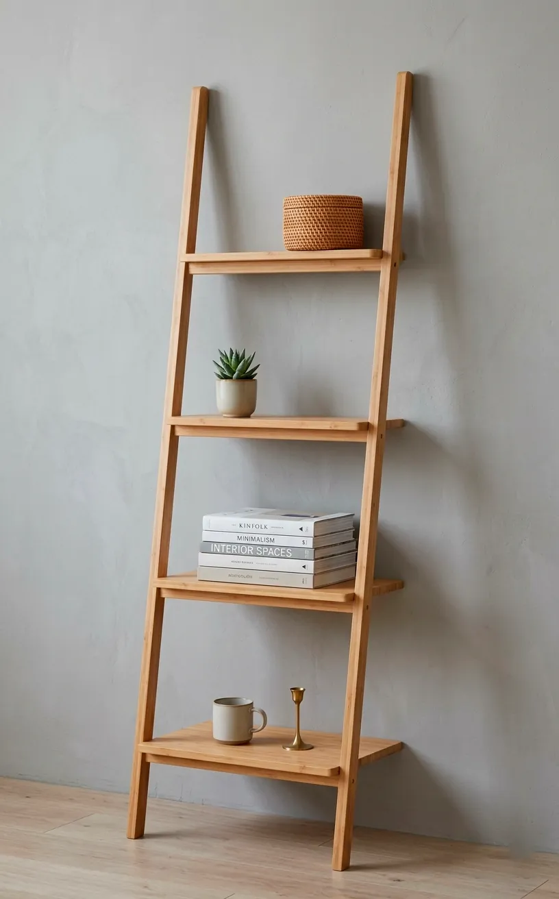 Minimalist bamboo leaning ladder shelf displaying books and decor in a tight apartment space.