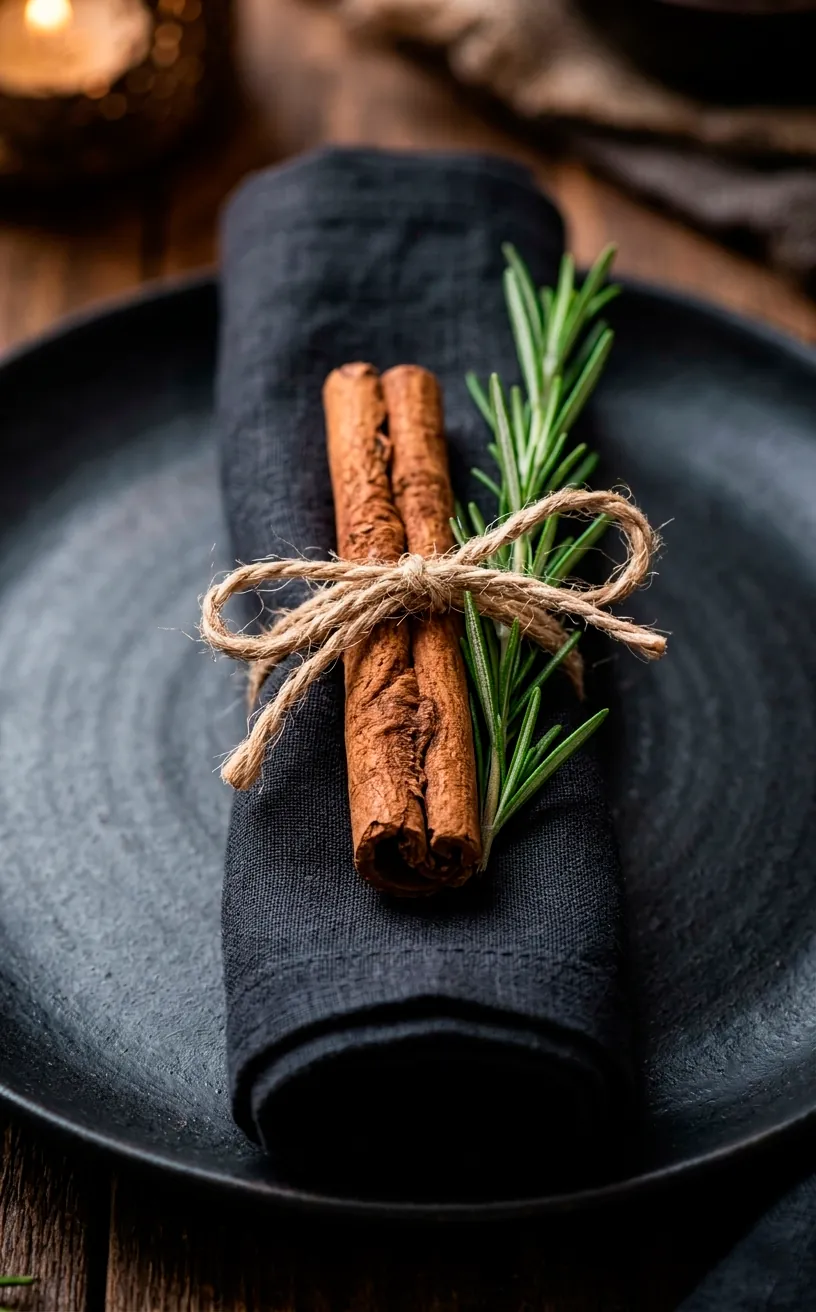 Dark linen napkin tied with twine, cinnamon stick, and rosemary.