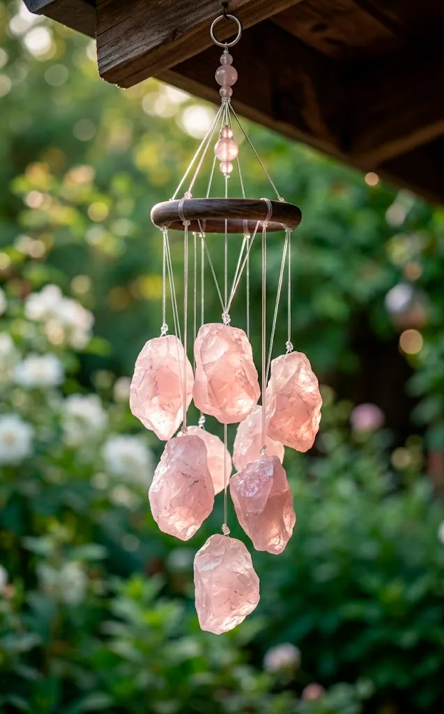 Rose quartz crystal wind chimes hanging on a porch catching sunlight.