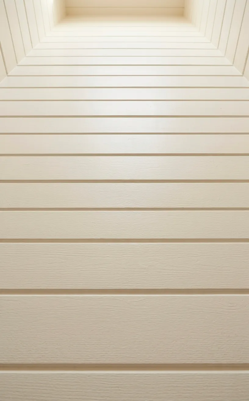 Cream shiplap wood panels installed on a sloped attic bedroom ceiling.