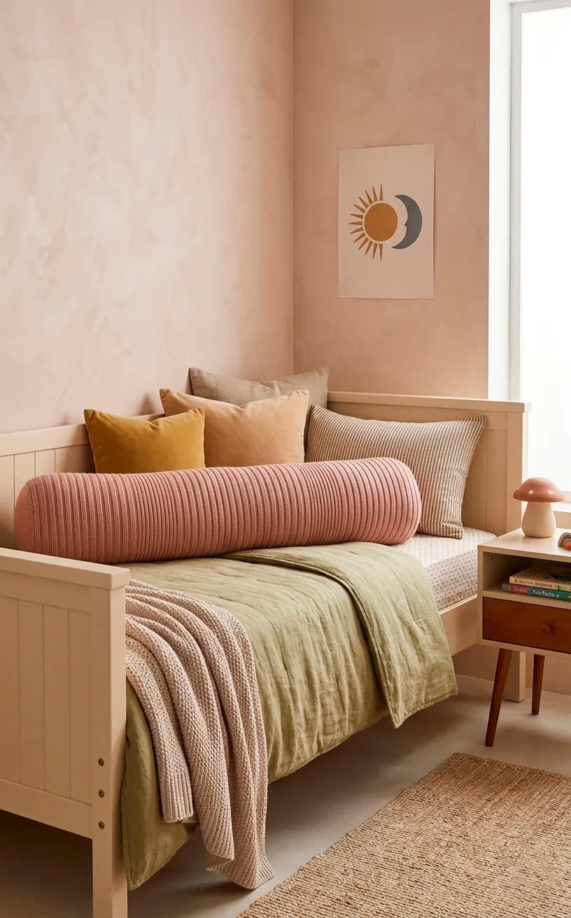 Long cylindrical ribbed knit bolster pillow sitting neatly arranged on a child's daybed.