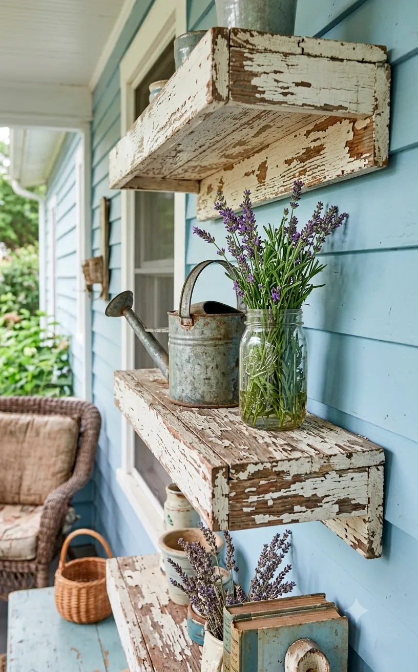 Distressed white floating shelves with vintage cottage decor on a shabby chic small front porch wall.