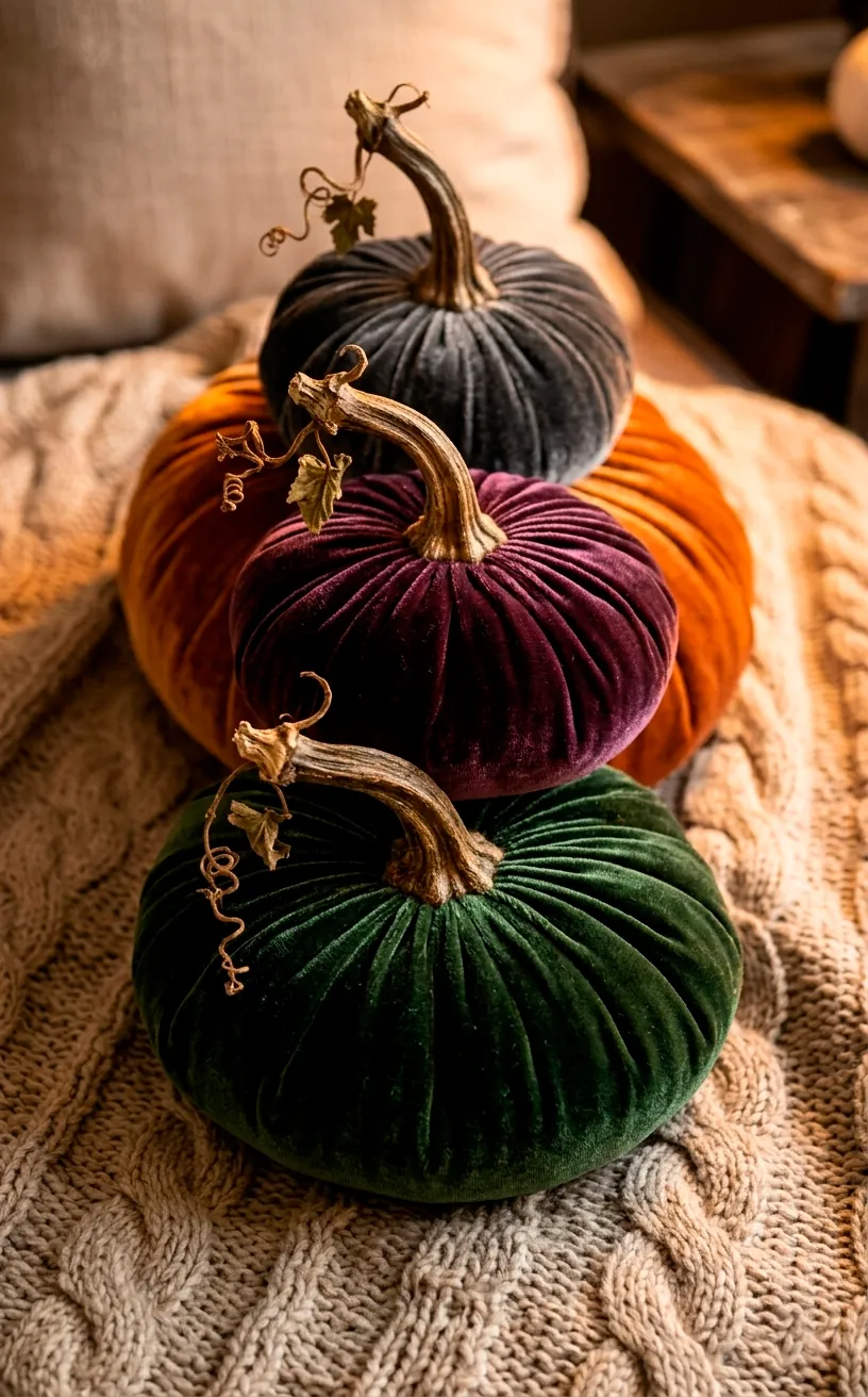 Handmade velvet pumpkins in dark colors with real stems on a cozy blanket.