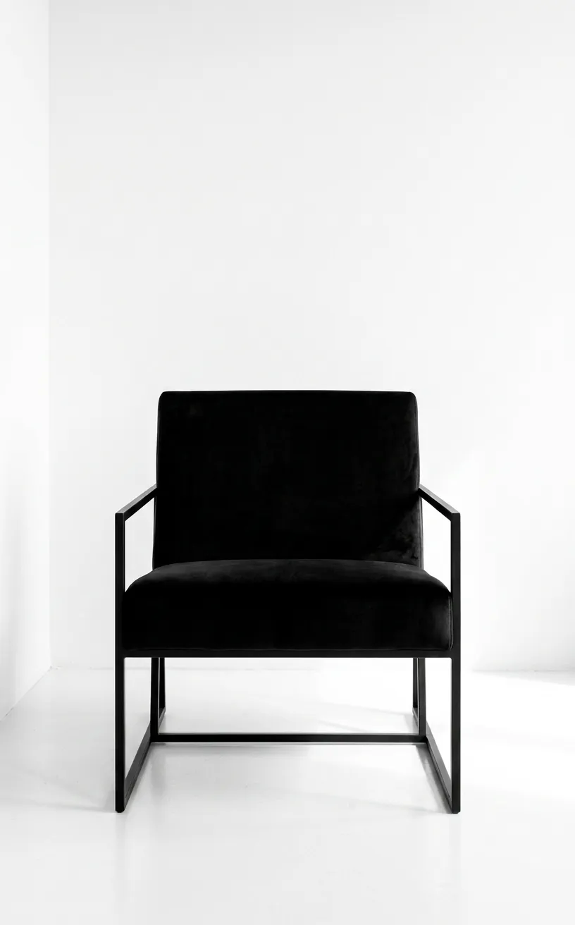 Minimalist black velvet chair with a matte black steel frame in a white room.