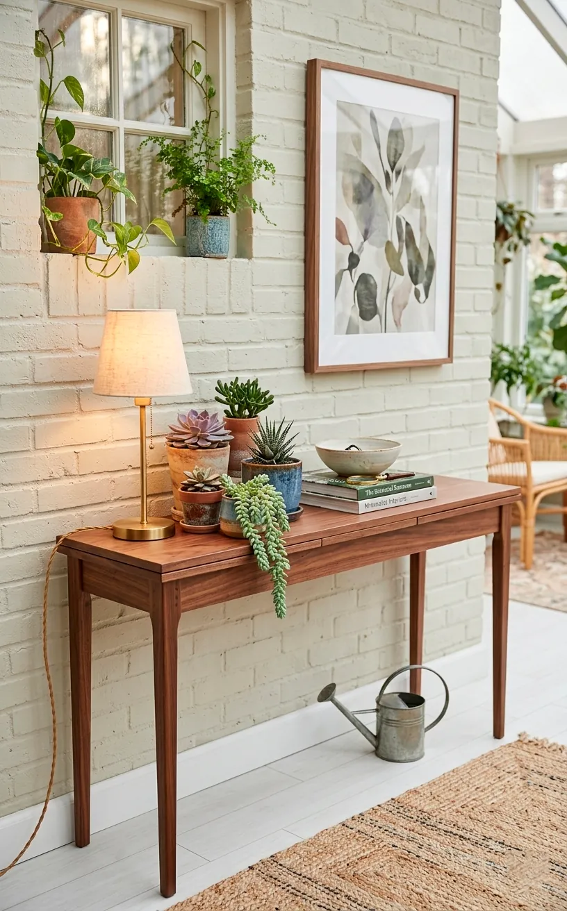 Slim wooden console table against a wall that expands into a full dining table.