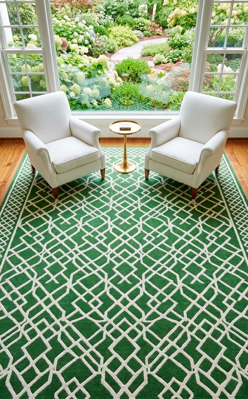 Green and white trellis pattern rug in a bright living room.