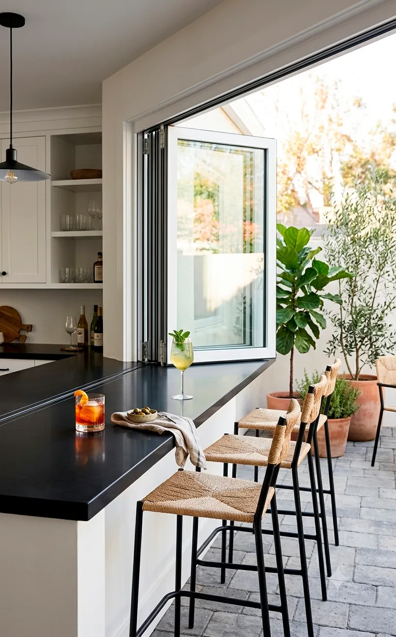 Indoor-outdoor pass-through window bar with a black quartz counter and stools