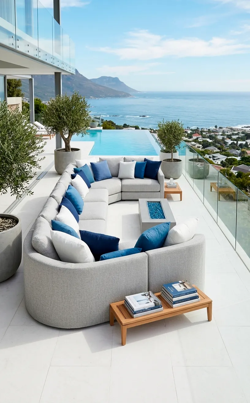 A large grey modular outdoor sectional sofa on a luxury patio.
