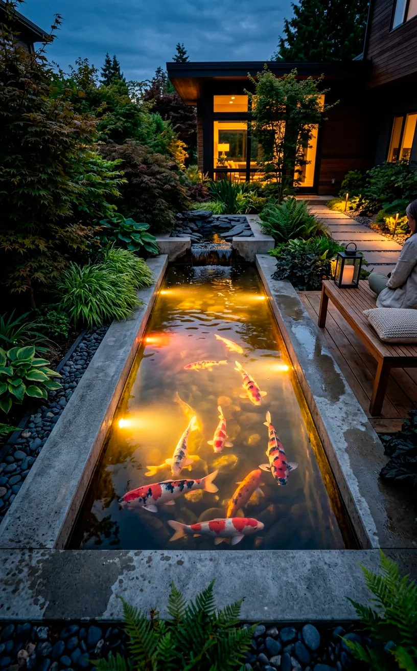 Modern backyard fish pond lit by warm underwater LEDs at dusk featuring swimming koi