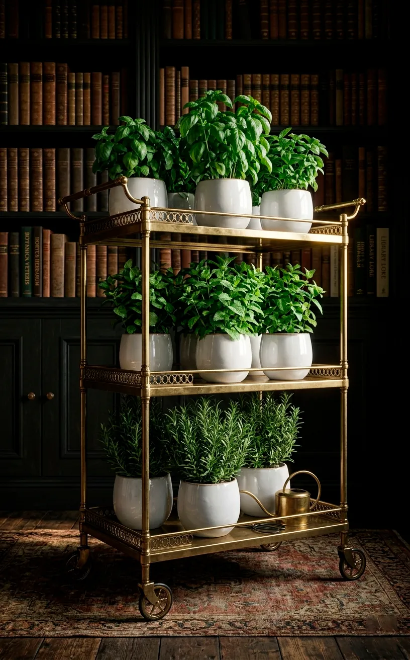 Vintage brass bar cart repurposed as a luxury indoor herb garden in a moody library setting with sunlight.