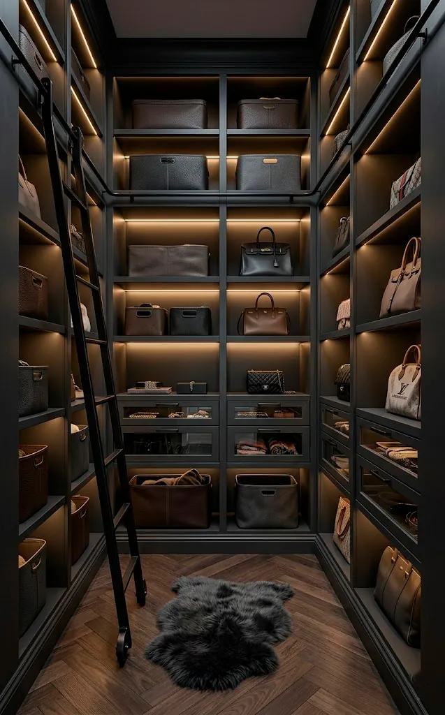 Luxury dark dressing room with floor-to-ceiling shelves, a library ladder, and recessed LED lighting.