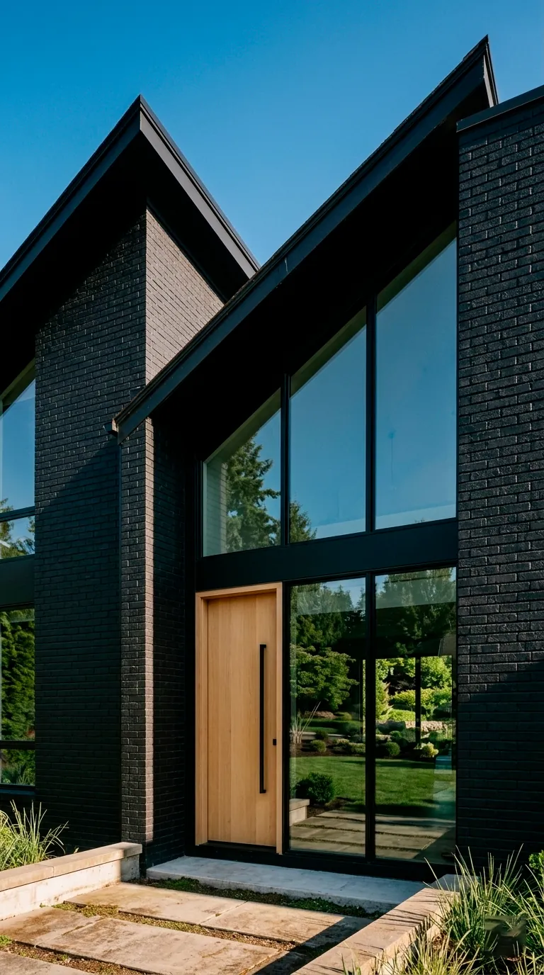 Textured black brick exterior wall with a light oak modern front door and glass reflections.