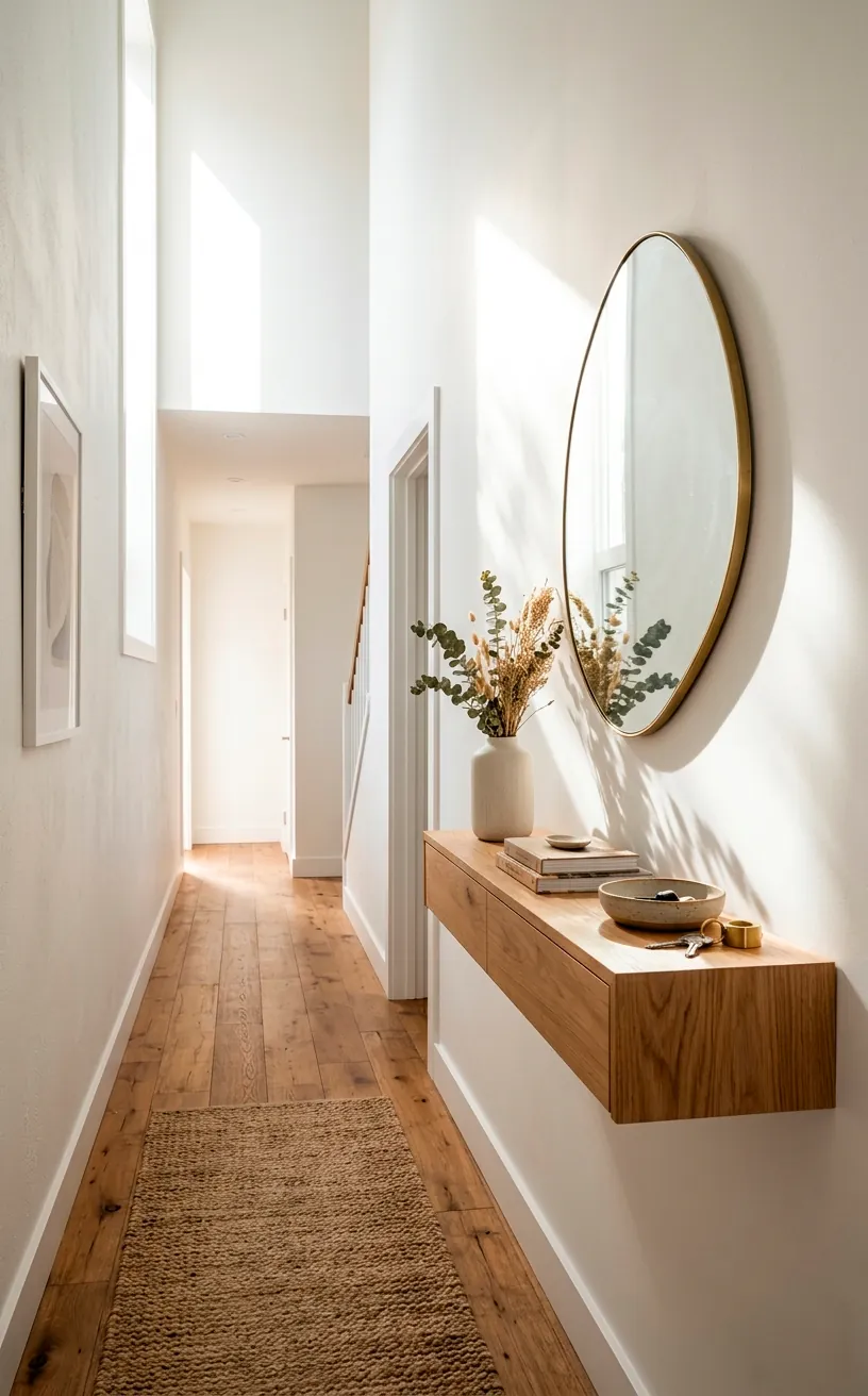 Brightly lit white narrow entryway with floating console shelf and natural sunlight bouncing off the walls.