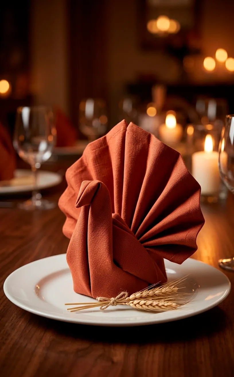 Detailed terracotta turkey-shaped napkin fold on a white plate with elegant Thanksgiving decor.