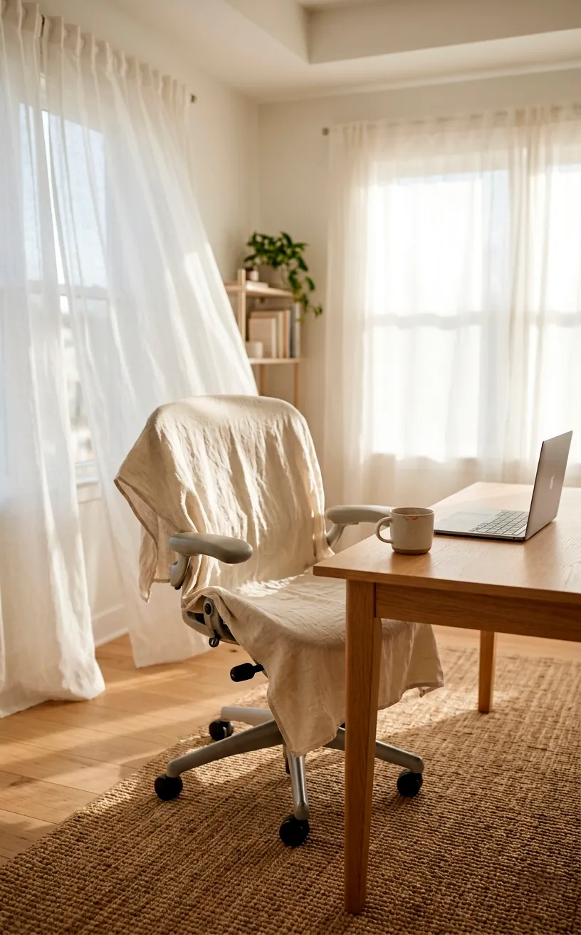Vertical shot of a home office chair with a linen throw and sheer curtains catching a summer breeze.