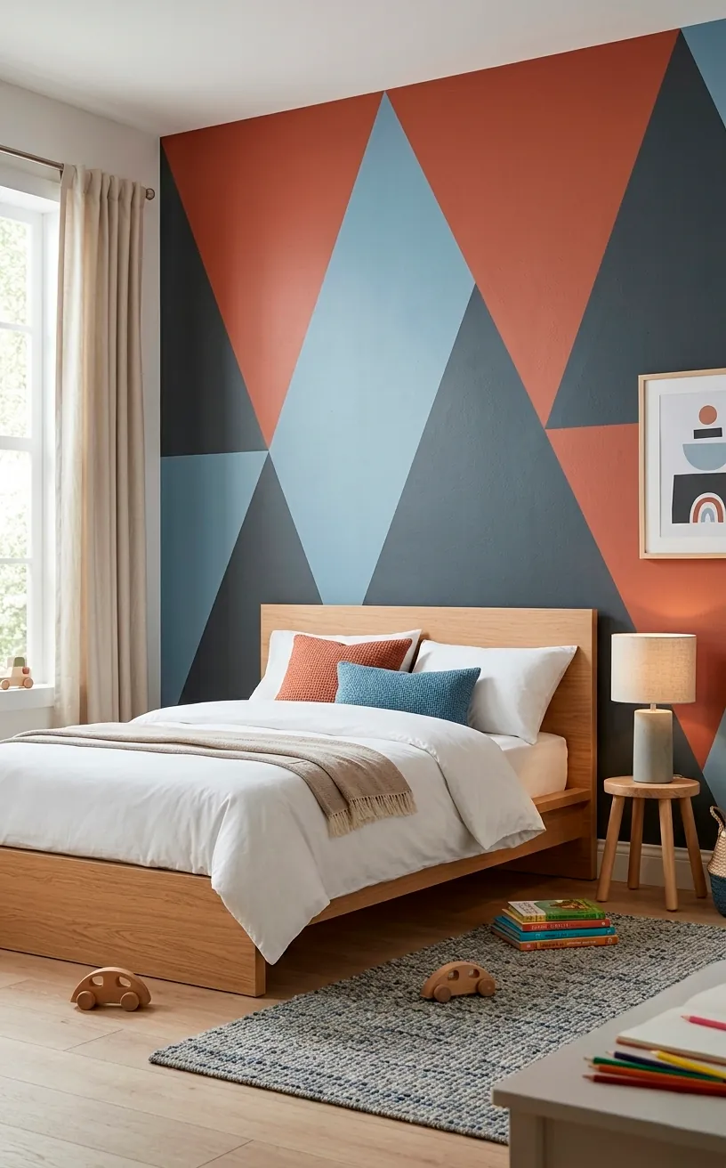 Modern kids bedroom with a bold oversized triangle accent wall in terracotta and blue tones.
