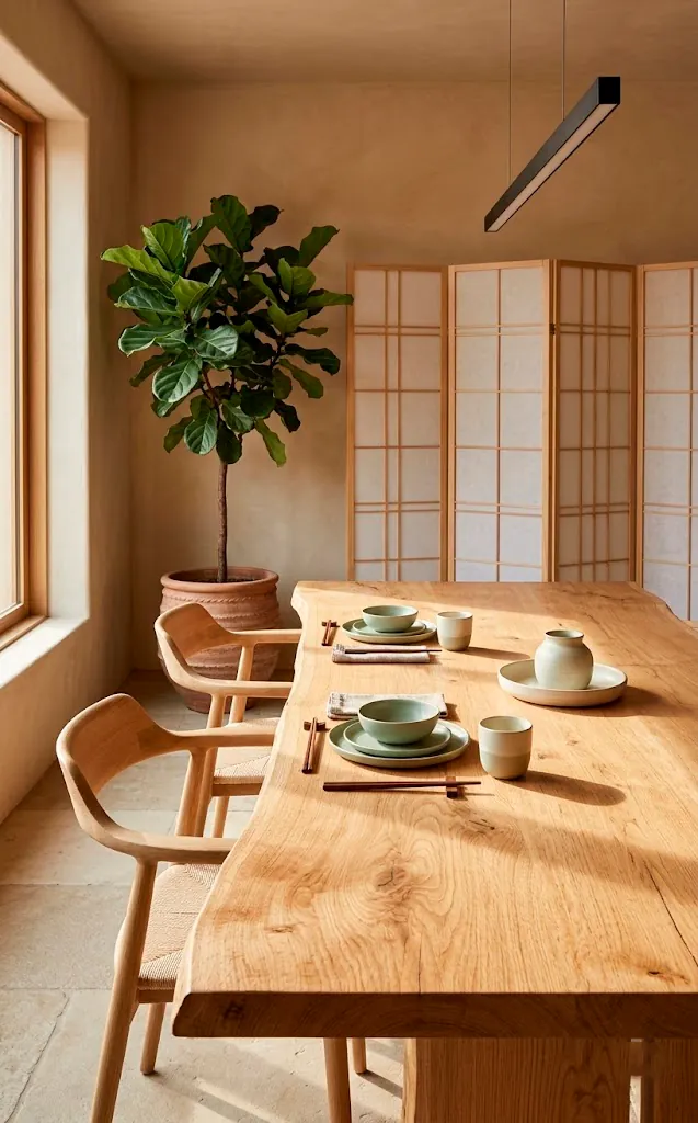 Full view of a minimalist Japandi dining room with a raw edge wood table and natural lighting.