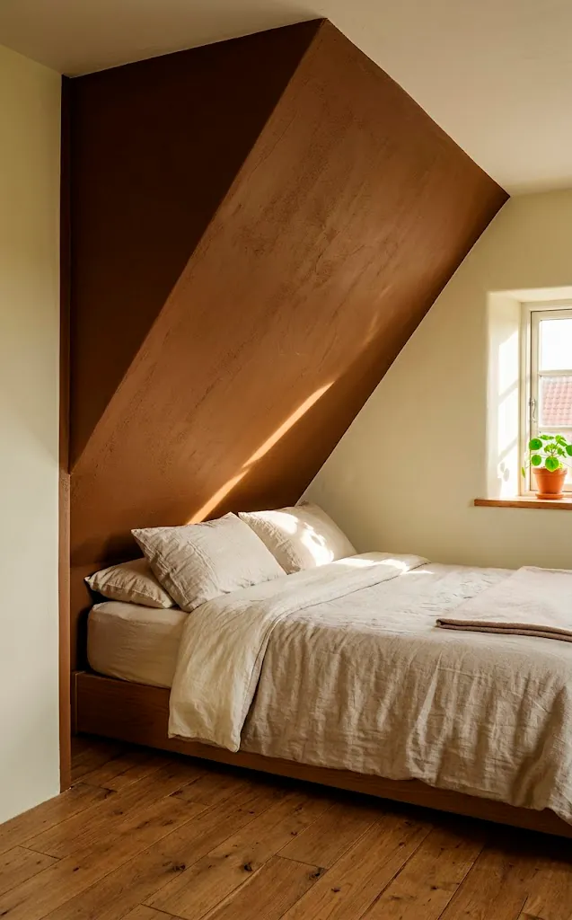 Attic bedroom with a matte gingerbread sloped accent wall and contrasting cream vertical walls.