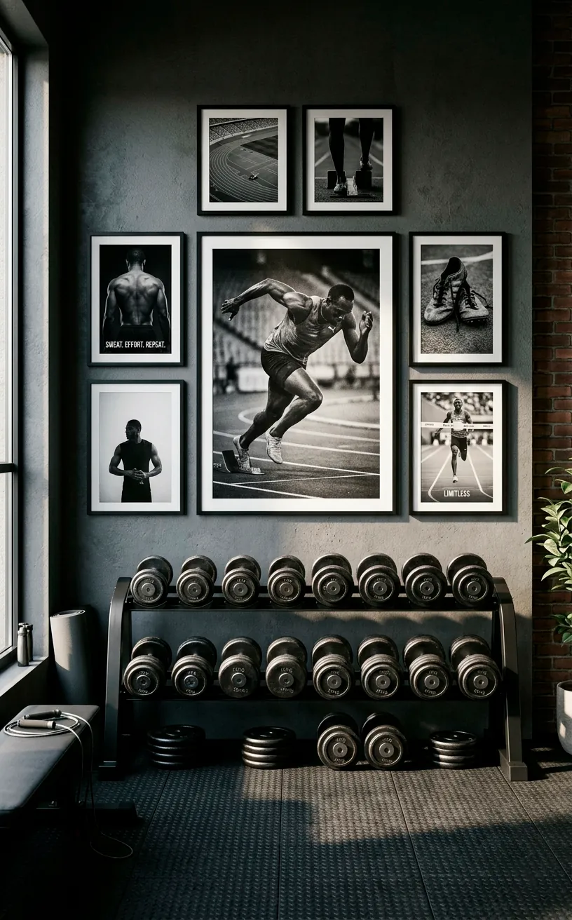 Striking black and white athletic photography framed above a dumbbell rack in a home gym.