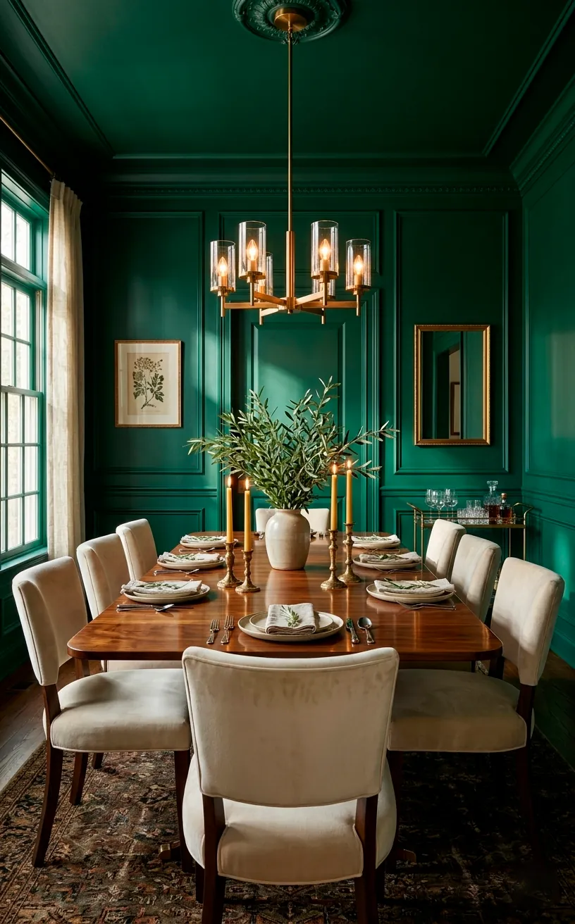 Moody emerald green dining room featuring a polished solid walnut table and modern brass chandelier.