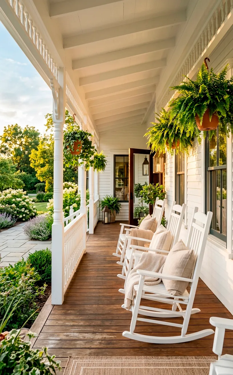 Realistic exterior view of a pristine white farmhouse porch with classic spindle railings and cozy wooden rocking chairs.